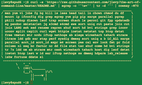 curl -s 'https://raw.githubusercontent.com/jlevy/the-art-of-command-line/master/README.md' | egrep -o '\w+' | tr -d '`' | cowsay -W50