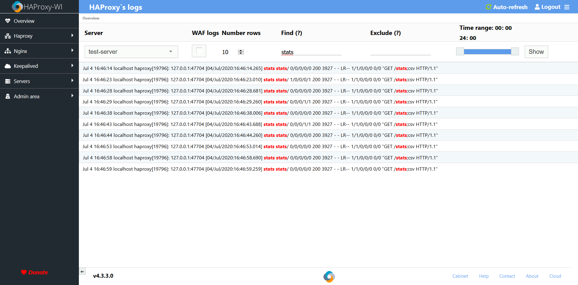 View logs page alt text